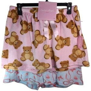 2 pc PJ Fleece Shorts Teddy Bear & Ribbon Print Cozy Pajama Women lg